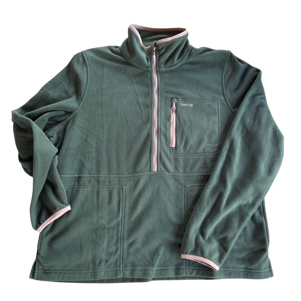Orvis Womens 1/2 Zip Fleece Pullover Jacket Green Pink Trim Sz L
